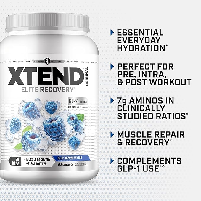 Xtend Original BCAA Powder, 7g BCAAs and 2.5g L-Glutamine for Muscle Recovery Hydration and Lean Muscle, Sugar Free Intra and Post Workout Drink with Electrolytes, Blue Raspberry Ice, 90 Servings
