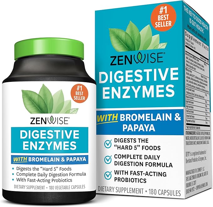 Zenwise Health Digestive Enzymes with Bromelain & Papaya - Multi Enzymes Digestion Supplement with Probiotics & Prebiotics for Gut Health, Gas & Bloating Relief - Men & Women - 180 Vegetarian Capsules