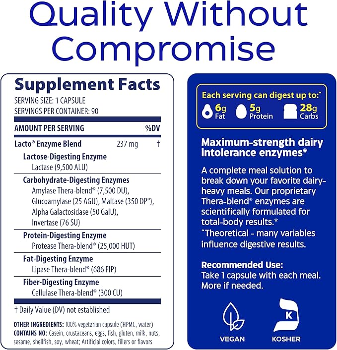 Enzymedica Lacto, Advanced Lactase Pills for Dairy Support, Helps Break Down Lactose, Casein & Fat, Dairy Relief Pills, Vegan, 90 Capsules