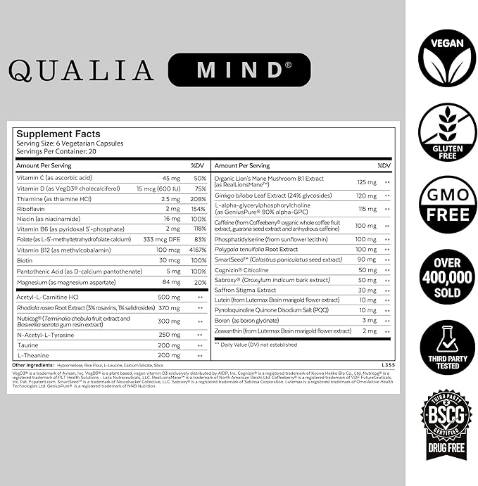 Qualia Mind — Beat Brain Fog | Doctor-Formulated Premium Brain Nourishment | Fuel Focus, Drive & Energy | 32 Ingredients Including Lion’s Mane, Cognizin™️, Ginkgo & More| 2 Week Supply*