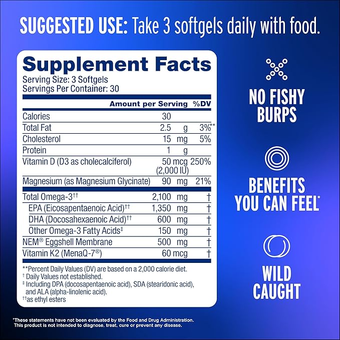 Oceanblue Omega-3 2100mg Fish Oil Supplement with 500mg Natural Eggshell Membrane NEM, Magnesium, Vitamins K2 & D | Triple-Strength, High-Potency | Support Joint Comfort & Muscle Recovery