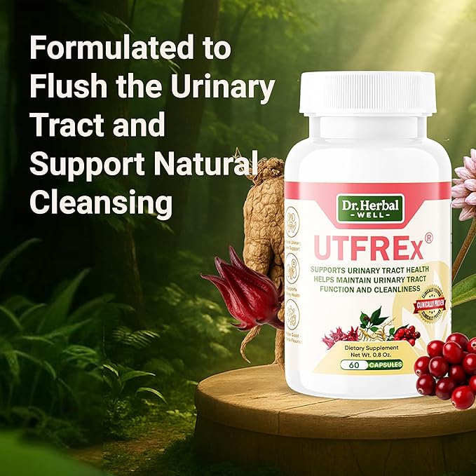 DR. HERBAL WELL UTFREX Clinically Proven Urinary Tract UTI Health Supplement Natural Support Cleanse Flush Protect (No Probiotics & D-Mannose) – 60 Capsules
