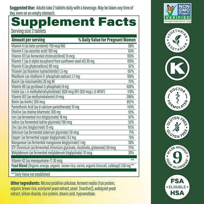 MegaFood Baby & Me 2 Prenatal Vitamin and Minerals - Vitamins for Women - with Folate (Folic Acid Natural Form), Choline, Iron, Iodine, and Vitamin C, Vitamin D and more - 120 Tabs (60 Servings)