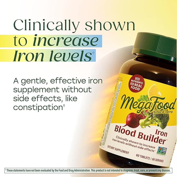 MegaFood Blood Builder Iron Supplement for Women & Men - Increase Iron Levels Without Side Effects - Combats Fatigue - with Vitamin B12, Folic Acid & Vitamin C for Absorption - Vegan - 90 Tablets