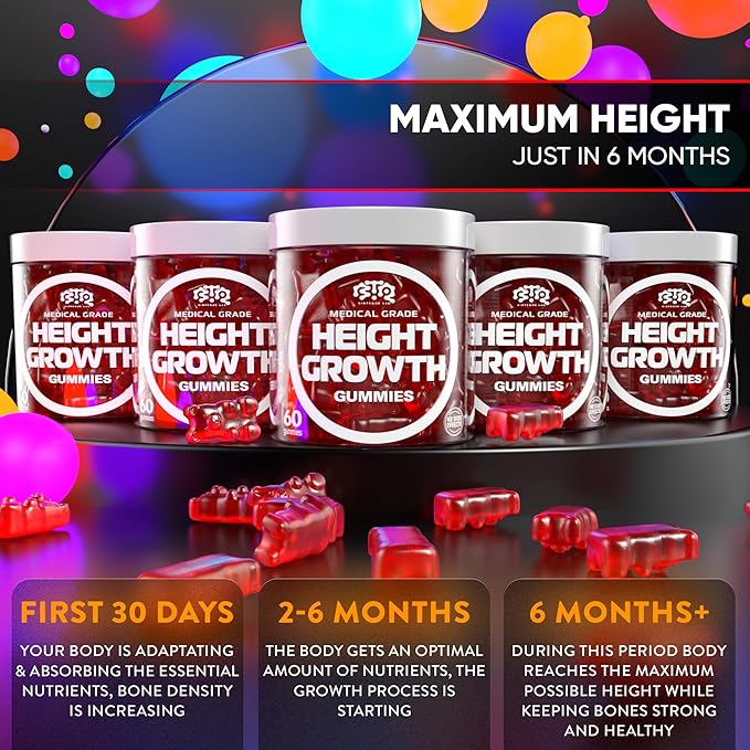 BIOTEQUELAB Height Growth Increase Gummies Vitamins, Grow Tall Supplement, Calcium, Magnesium, Zinc, Ashwagandha, Glucosamine Multivitamin for Teens, Kids, Adults