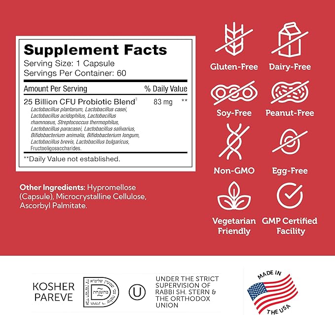 Zahler BioDophilus25, 25 Billion CFU Probiotic + Prebiotic - 11 Strains Daily Probiotic Supplement - Kosher Probiotics for Women for Digestive Health, Probiotics for Men for Gut Health (60 Capsules)