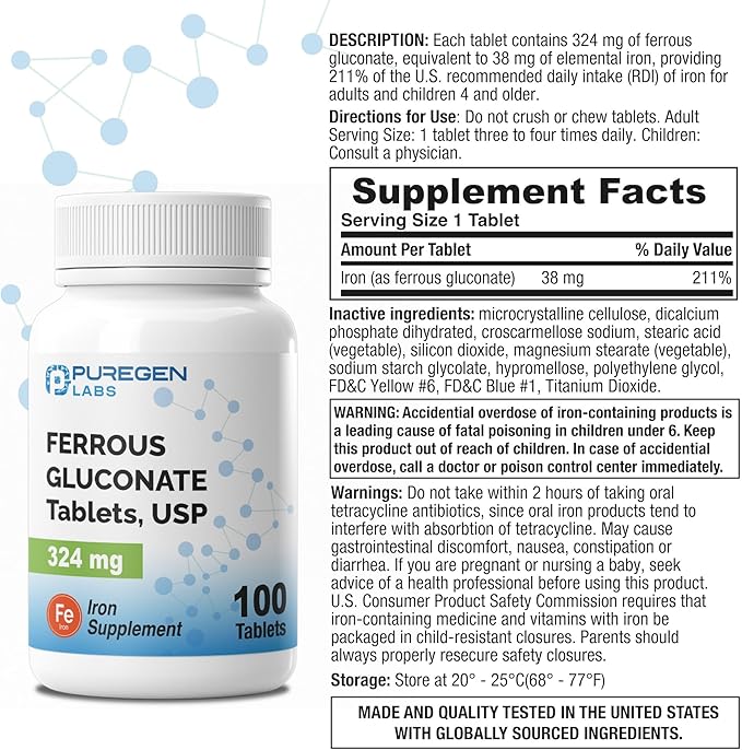 Puregen Labs Ferrous Gluconate 324 mg [High Potency] Iron Supplement, Gentle on Stomach - 100 Tablets