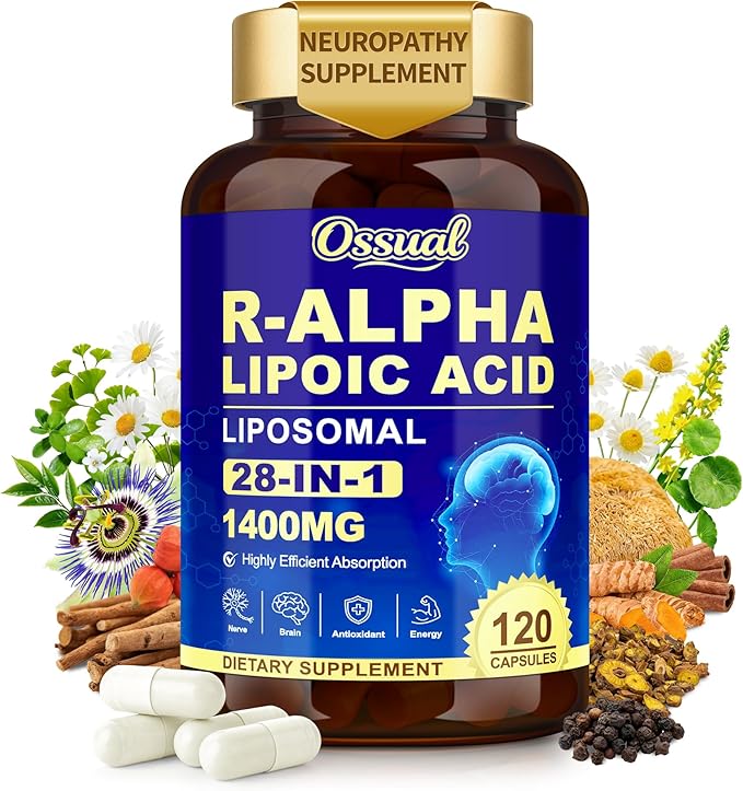 1400MG R Alpha Lipoic Acid, 28-in-1 Stabilized ALA Supplements, Neuropathy Supplements with L-Carnitine, NAC & B-Complex, R-ALA Supplement Antioxidant for Nerve, Brain, Energy丨Vegan, 120 Capsules