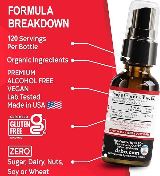 Vitamin B12 Liquid Spray Drops - Organic Liquid B12 Vitamins for Women, Men, Kids & Energy, Vegan Sublingual Methyl B 12 Spray Supplement - Organic Pure Methylcobalamin Vit B 12 Drops Vitamins 1 Fl Oz