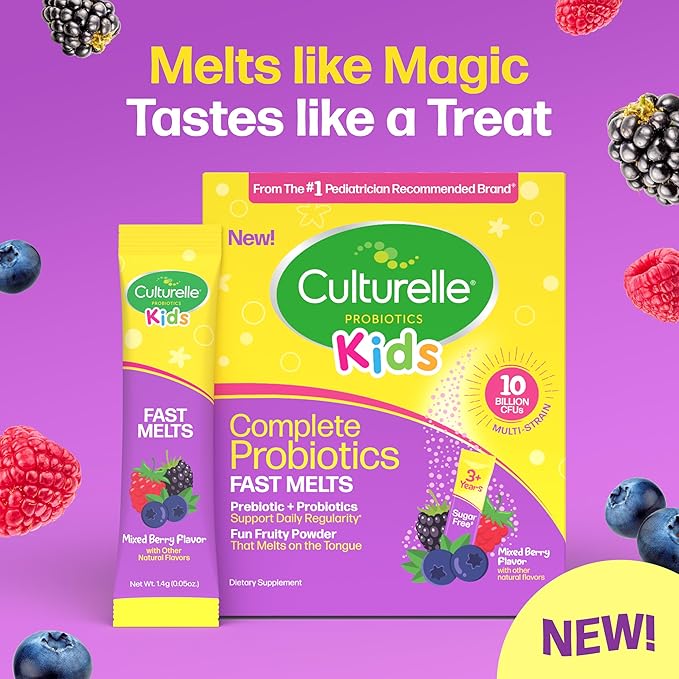 Culturelle® Kids Complete Probiotics Fast Melts Mixed Berry Flavor 30 Count Sugar Free‡ Prebiotic + Probiotic Powder for Digestive and Immune Health, Supports Daily Regularity *