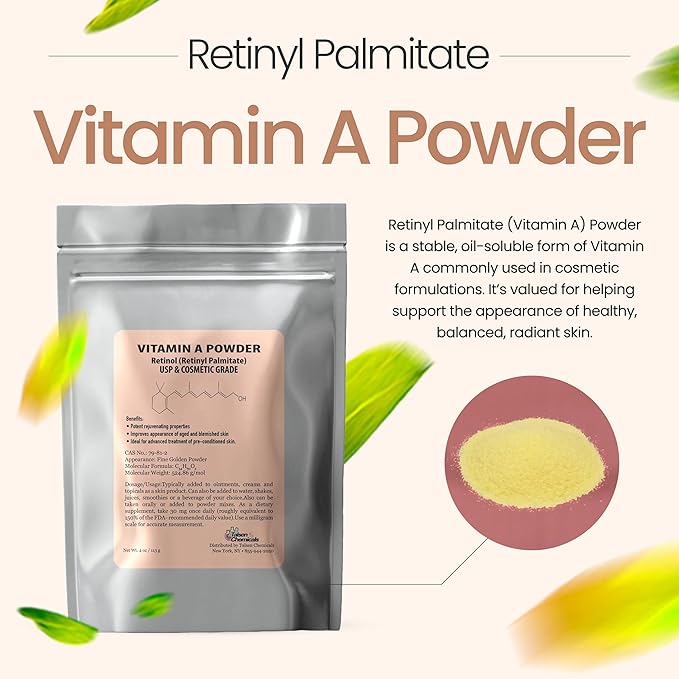 Vitamin A Powder Retinyl Palmitate, Pure Retinol Powdered Vitamin Water Soluble Vitamin A USP & Cosmetic Grade (4 oz. / 113 Grams)