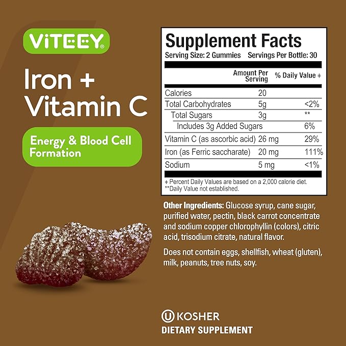 VITEEY Iron Gummies - Iron with Vitamin C - Energy, Bood Support and Anemia Supplement for Women & Men - Vegan, Gluten Free - 120 Count