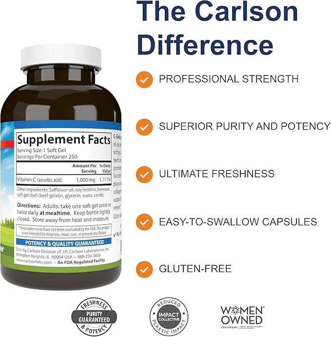 Carlson - C-Gels, 1000mg, Vitamin C Softgels, Immune Support & Heart Health, Vitamin C Softgels, Antioxidant, Vitamin C Supplement, 250 Softgels