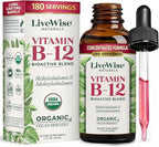 Organic Vitamin B12 1000 mcg Sublingual Liquid Drops For Adults, 6 Months Supply 1 oz, Methylcobalamin & Adenosylcobalamin - Bioactive Blend for Energy, Clarity & Focus - Vegan, Non-GMO, Unflavored