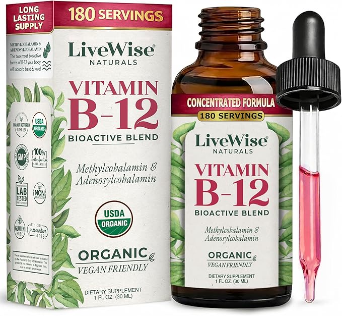 Organic Vitamin B12 1000 mcg Sublingual Liquid Drops For Adults, 6 Months Supply 1 oz, Methylcobalamin & Adenosylcobalamin - Bioactive Blend for Energy, Clarity & Focus - Vegan, Non-GMO, Unflavored