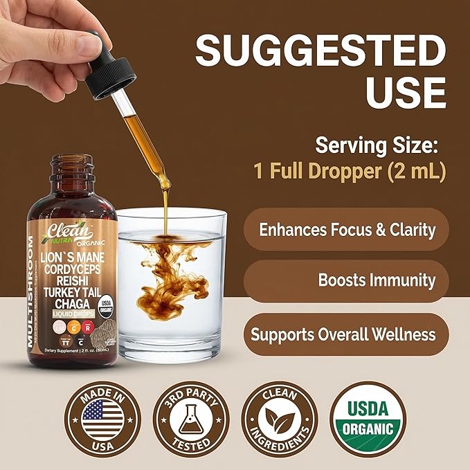 Mushroom Supplement Liquid Drops with Lions Mane Turkey Tail Cordyceps Reishi Chaga Shitake Maitake Tremella Oyster Mushrooms Poria Supplement and Enokitake Mushrooms Complex Blend by Clean Nutra
