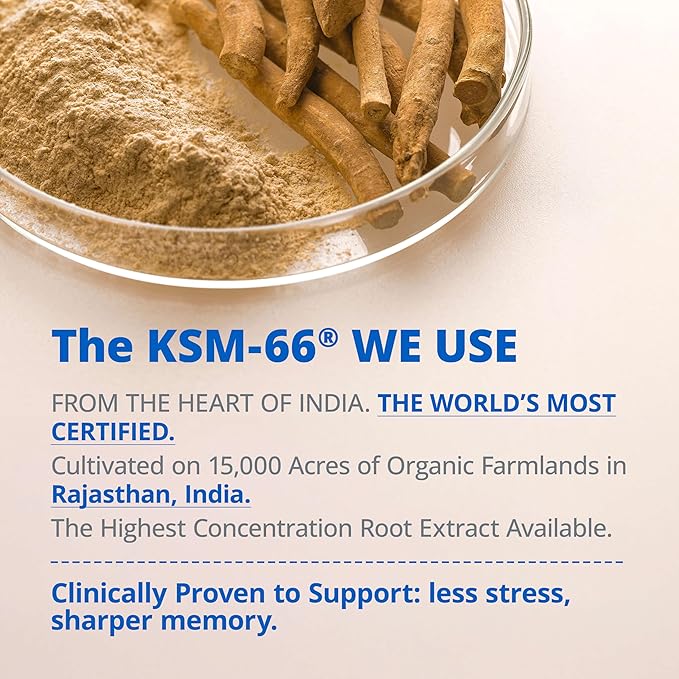 KSM-66 Ashwagandha Supplements | Ashwagandha Root Extract for Women & Men | 10-in-1 Adaptogen Complex for Cortisol Manager, Stress, Energy & Immune Support | 60 Vegan Capsules