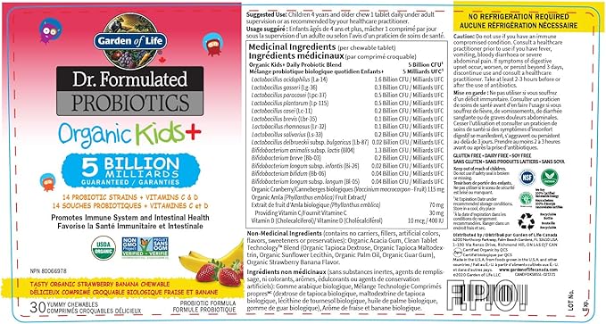 Garden of Life Dr. Formulated Probiotics Organic Kids+-Digestive Health Support-Prebiotic Fiber&Vitamins C&D-Supports Immune Function-Shelf Stable-Strawberry Banana,30 Yummy Chewables,(Pack of 2)