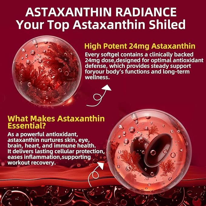 Astaxanthin 24mg, Premium Astaxanthin Antioxidant Supplements with MCT Oil, Ashwagandha, Supports Eye, Skin, Immune, Internal Circulation, Fresh Microalgae Source, Triple Strength - 300 Softgels