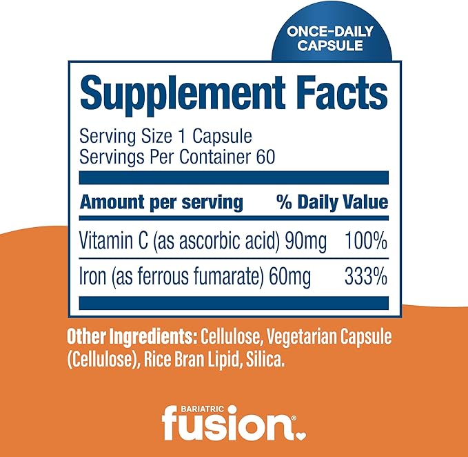 Bariatric Fusion Iron Supplement 60mg with Vitamin C | Easy to Swallow Capsule | Ferrous Fumarate Vitamins for Women and Men | Gluten, Dairy and Soy Free | Non-GMO | 60 Count