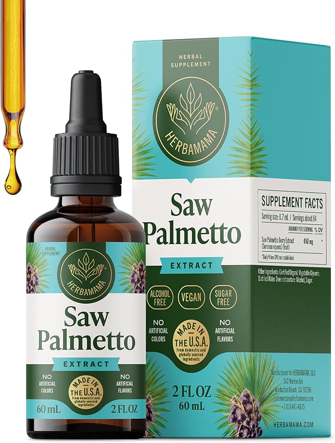 HERBAMAMA Saw Palmetto Tincture - Vegan Men's Urinary Tract Support with Saw Palmetto Extract Drops - Non-GMO, Alcohol & Sugar-Free Serenoa Repens Berries Supplement, 84-Day Supply