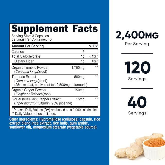 Nutricost Turmeric + Ginger Capsules with Bioperine, 2400mg Per Serving, 120 Capsules - GMO-Free, Gluten-Free, 40 Servings