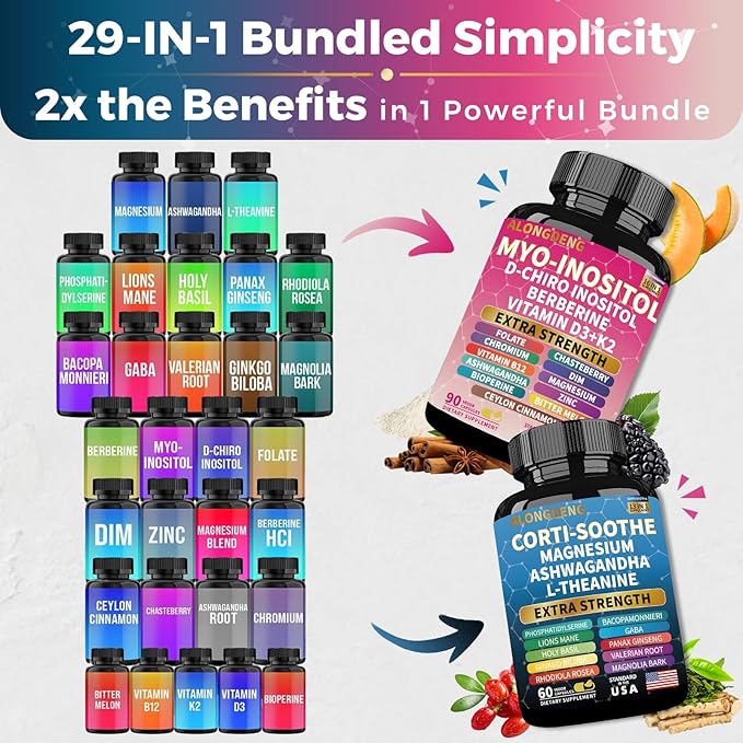 ALongDeng Soothe-Smooth Bundle,Soothe & Smooth Bundle Multivitamin Combo, Cortisol Support Myo-Inositol Multivitamin Combo with Magnesium Glycinate, Ashwagandha, L-Theanine & Herbal Blend - D