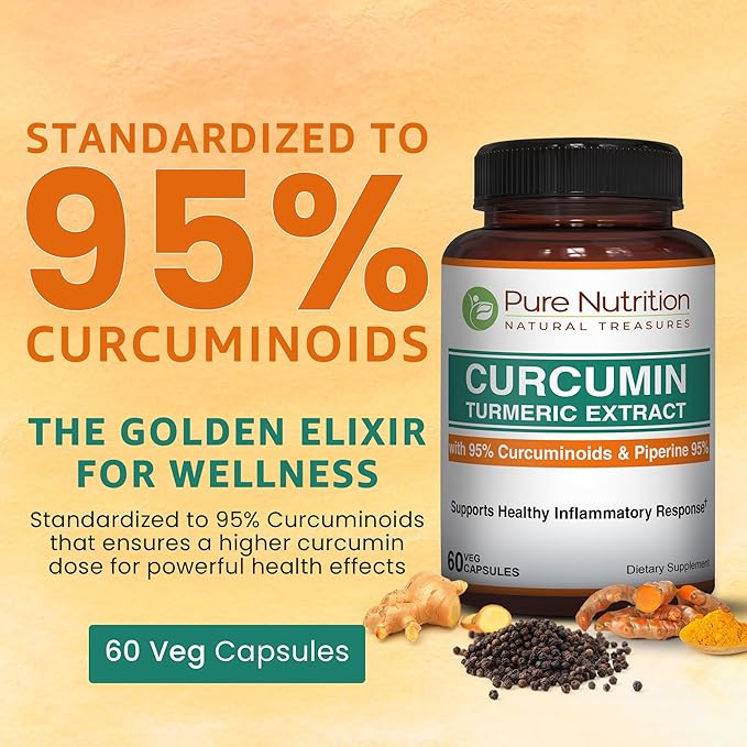 Pure Nutrition Curcumin Turmeric Supplement, 95% Curcuminoids & Piperine 95% | Supports Inflammation Response| Non-GMO | 60 Veg Capsules