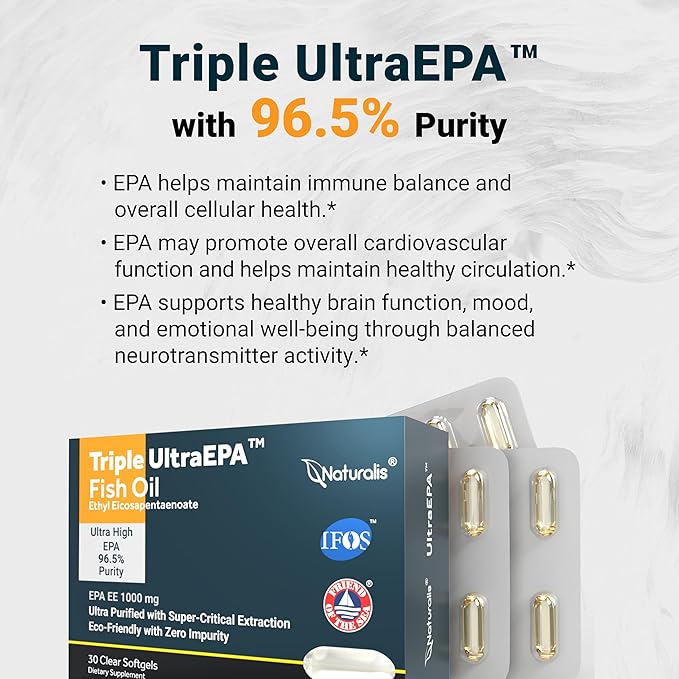 Naturalis Triple Strength UltraEPA™ EPA 1000mg | Pharmaceutical Grade High Purity 99% Omega-3 with 96.5% EPA Burpless Fish Oil | IFOS Certified, Sustainably Sourced, Non-GMO | Pack of 3