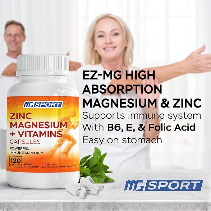 MgSport ZMA Supplement with Clinically Tested Zinc Magnesium for High Absorption - Enhanced with Vitamins B6 B9 for Muscle Recovery - Gentle on Stomach Formula, 120 Capsules
