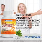 MgSport ZMA Supplement with Clinically Tested Zinc Magnesium for High Absorption - Enhanced with Vitamins B6 B9 for Muscle Recovery - Gentle on Stomach Formula, 120 Capsules
