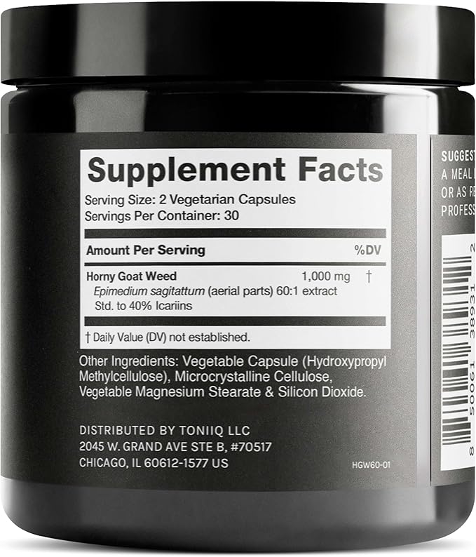 Toniiq Super Strength Horny Goat Weed for Men & Women - Epimedium sagittatum - 40% Icariins - 60: 1 Concentrated Extract - 3P Tested - Premium hornygoatweed for Men - 60 Caps