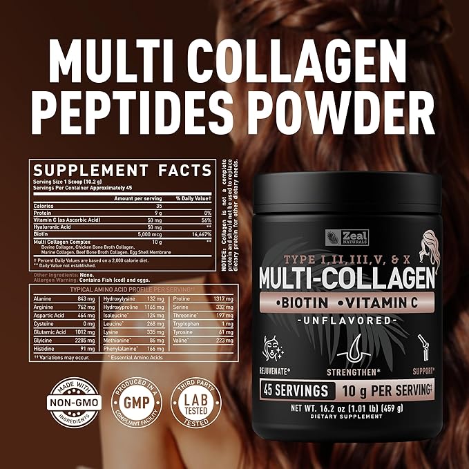 Zeal Naturals Multi Collagen Protein Peptides Powder Types I II III V X - Vitamin C, Biotin & Hyaluronic Acid - Hair, Skin & Nails - Marine, Bovine, Chicken & Eggshell - Unflavored, 45 Servings