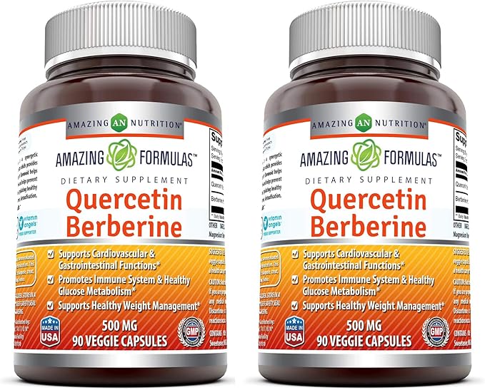 Amazing Formulas Quercetin Berberine | 250 mg Berberine and 250 mg Quercetin | Veggie Capsules Supplement | Non-GMO | Gluten Free | Made in USA (90 | 2 Pack)