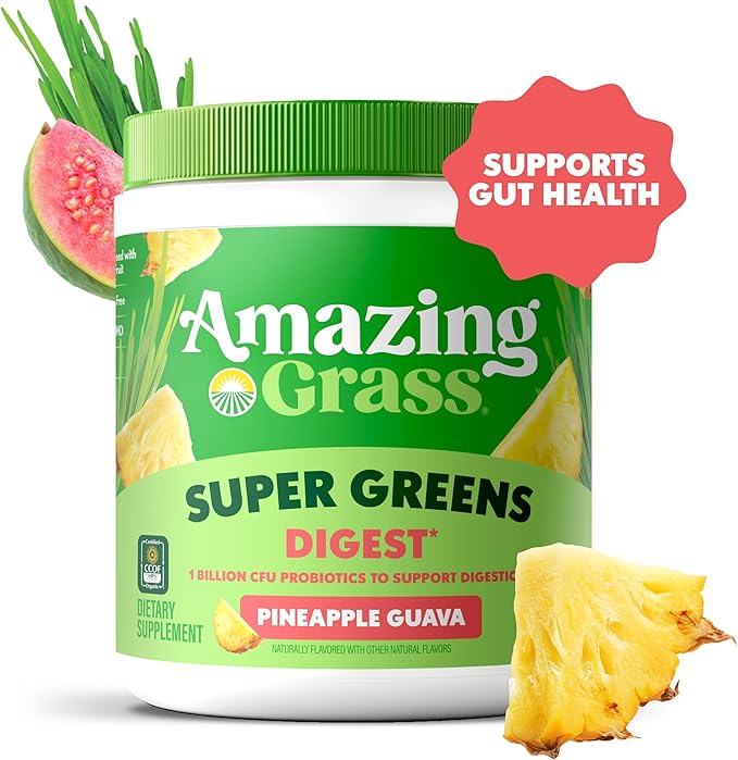 Amazing Grass Greens Blend Digest: Super Greens Powder Smoothie Mix for Digestion Support with Organic Spirulina, Chlorella, Beet Root Powder, Digestive Enzymes & Probiotics, 30 Servings