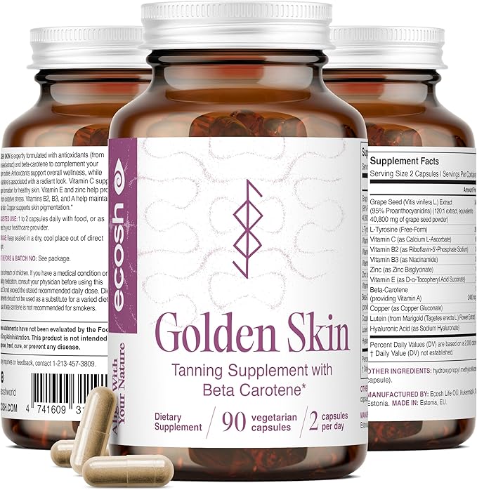 Ecosh Golden Skin Tanning Supplement for Women & Men – Potent Tanning Pills with Beta Carotene, Lutein & L-Tyrosine for Skin Health | Natural Antioxidant Supplement & Tanning Vitamins | 90 Capsules