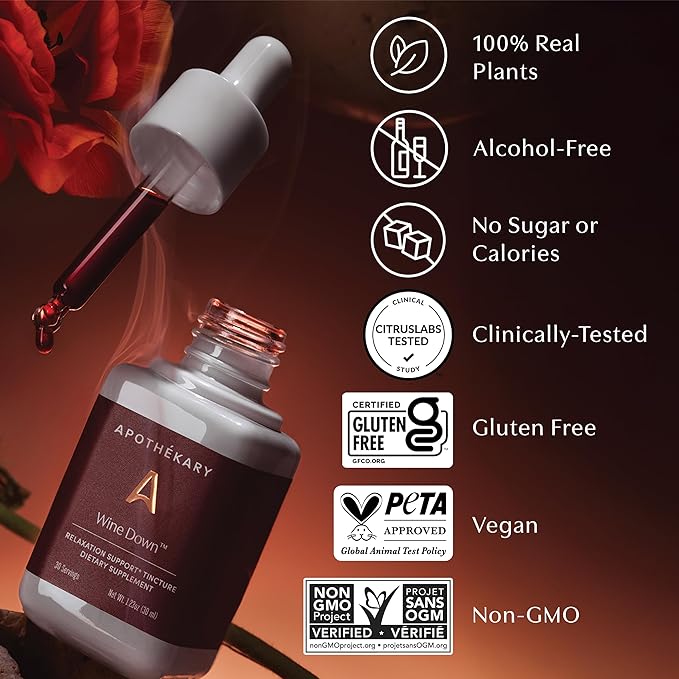 Apothékary Wine Down, Natural Sleep and Relaxation Support, Alcohol-Free Red Wine-Inspired Herbal Liquid Drops, Consists of Blue Vervain, Tart Cherry, and California Poppy, 4 oz, 100 Servings