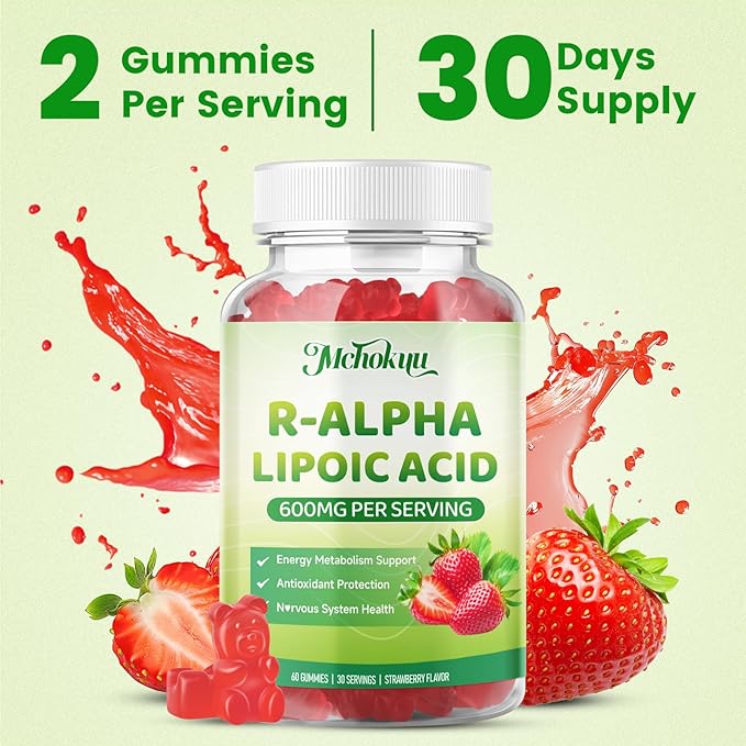 R Alpha Lipoic Acid 600mg Gummies, Stabilized R-Alpha Lipoic Acid, ALA Supplement for Nerve Health, Antioxidant & Metabolism Support- Vegan, Non-GMO, Gluten Free, Strawberry Flavor - 60 Count