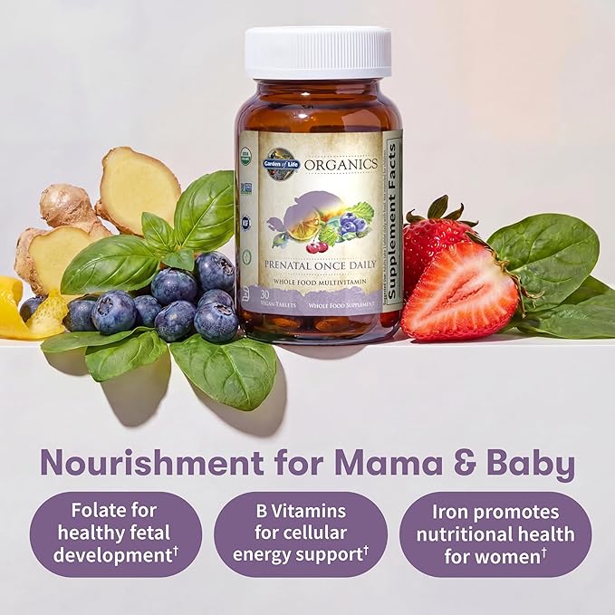 Garden of Life Organics Prenatal Vitamin: Folate for Energy & Healthy Fetal Development, Non-constipating Iron, Vitamin C, B6, B12, D3 – Organic, Non-GMO, Gluten-Free, Vegan, 30 Day Supply (Pack of 6)
