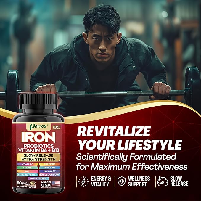 Iron Supplement with Slow Release Iron, Probiotics, Spirulina, Turmeric, Vitamin B6, B12, C, Zinc, Folate, Beetroot, Nettle Leaf, Dandelion Root, Black Pepper, Extra Strength, 60 Vegan Capsules
