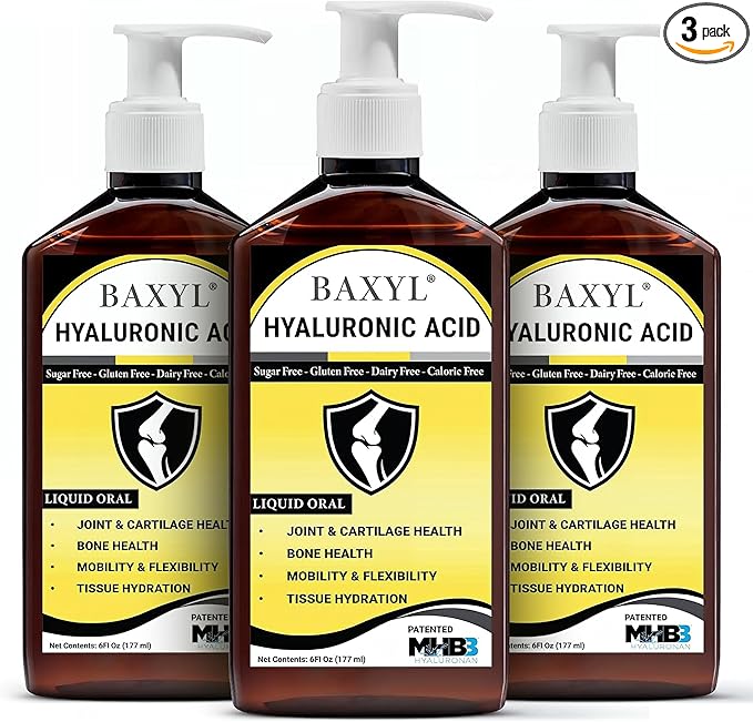BAXYL Liquid Hyaluronic Acid Supplement for Joint Health, 3 Bottles of 6 Oz - Patented MHB3 Formula for Bone, Skin, Eye Health & to Restore Cartilage - Vegan, Gluten-Free, Non-GMO for Comfort