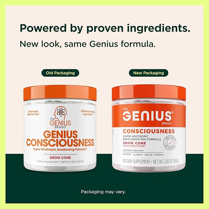 The Genius Brand Genius Consciousness - All-in-One Brain Health Supplement for Clarity - Supports Concentration, Creative Thinking, Energy & Memory - Powered by Nootropics - 15 Servings - Snow Cone