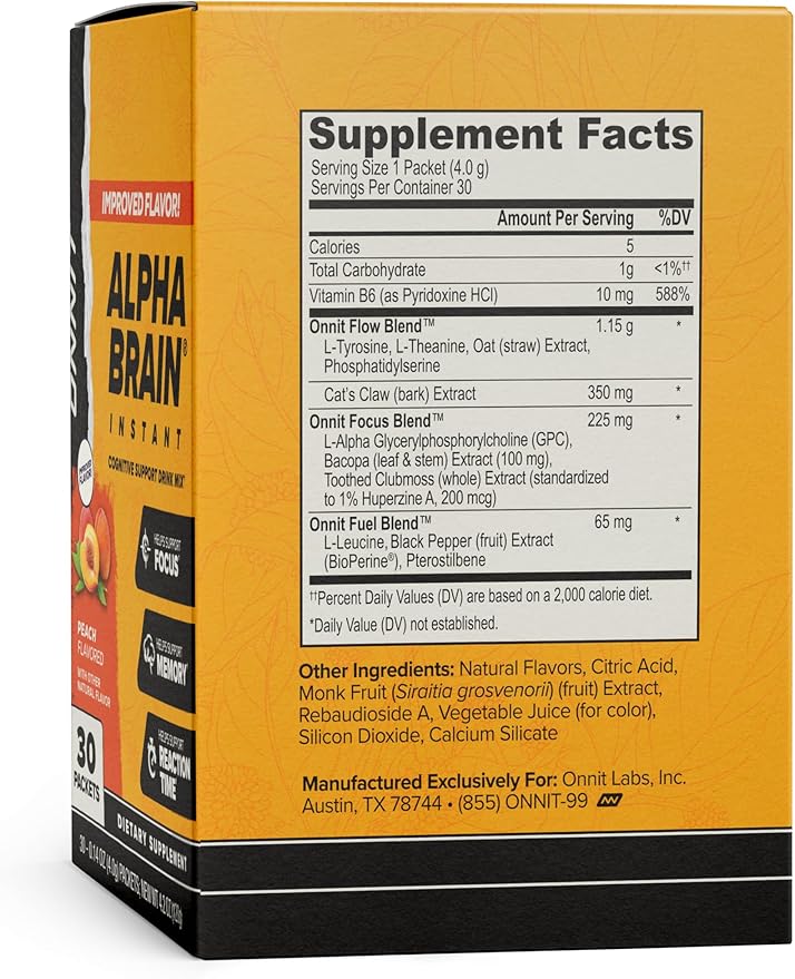 ONNIT Alpha Brain Instant Cognitive Support Drink Mix, Nootropic Supplement for Focus, Memory and Clarity, Peach Flavor, 0.13 oz Packets, 30 Count