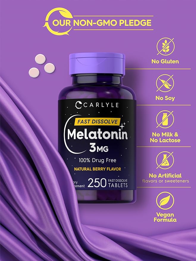 Carlyle Melatonin 3mg Fast Dissolve Tablets | 250 Count | Low Dose and Drug Free | Vegan, Non-GMO, Gluten Free