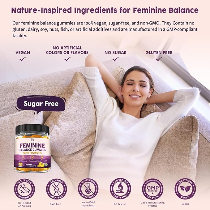Feminine Balance Probiotic Gummies for Women – Support Vaginal Health, pH Balance, Freshness & Digestive Health – with Pineapple, Slippery Elm, Cranberry, D-Mannose – Sugar-Free, Pineapple Flavor