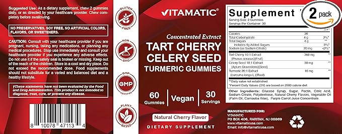 Vitamatic Tart Cherry (360 mg) with Celery Seed (30 mg) 10:1 Extract & Turmeric 20:1 Extract (10 mg) - (Per Serving/2 Gummies) - 60 Gummies (Pack of 2)