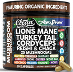 AuraShroom Mushroom Supplement Lions Mane Turkey Tail Cordyceps Reishi Shiitake Chaga Oyster Stress Relief Immune Support Nootropic Energy Portobello Mushrooms 60 Capsules By Clean Nutra