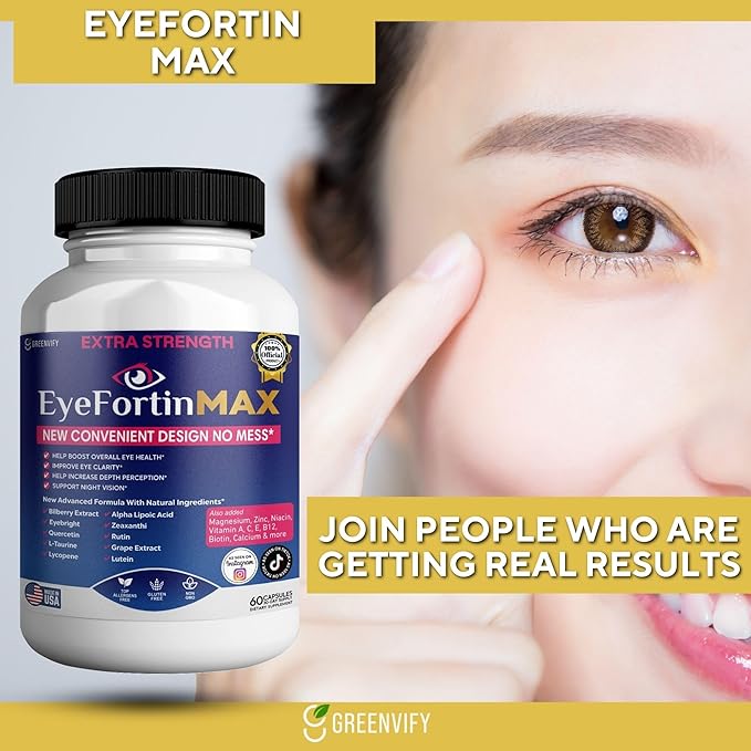EyeFortin MAX Eye Health Supplement, 60 Capsules, Extra Strength with Lutein, Vitamins A C E B12, Bilberry Extract, 30 Day Supply (1)