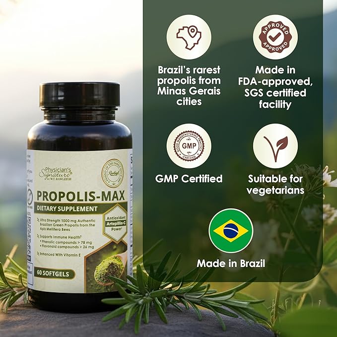 Rawleigh Propolis Max: 60 Vegetarian Softgels - Brazilian Green Propolis with Phenolic, Flavonoid & Artepillin C Compounds & Vitamin E - Supports Immunity, Wellness
