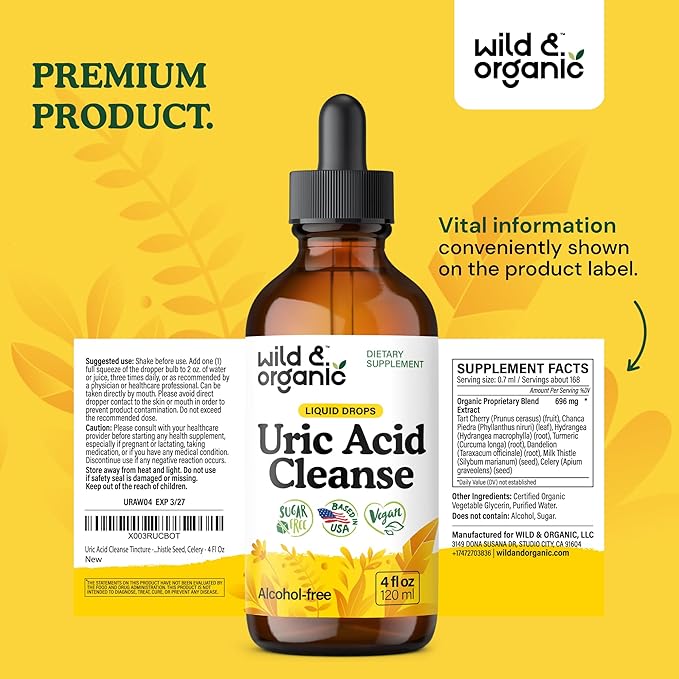 Wild & Organic Uric Acid Cleanse Liquid Drops - Tart Cherry, Turmeric, Celery, Chanca Piedra, Dandelion Root Extract Complex - Uric Acid Supplement - Vegan, Sugar & Alcohol-Free Tincture - 4 fl oz
